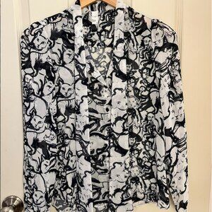 American Apparel Tie Neck Cat Print Blouse